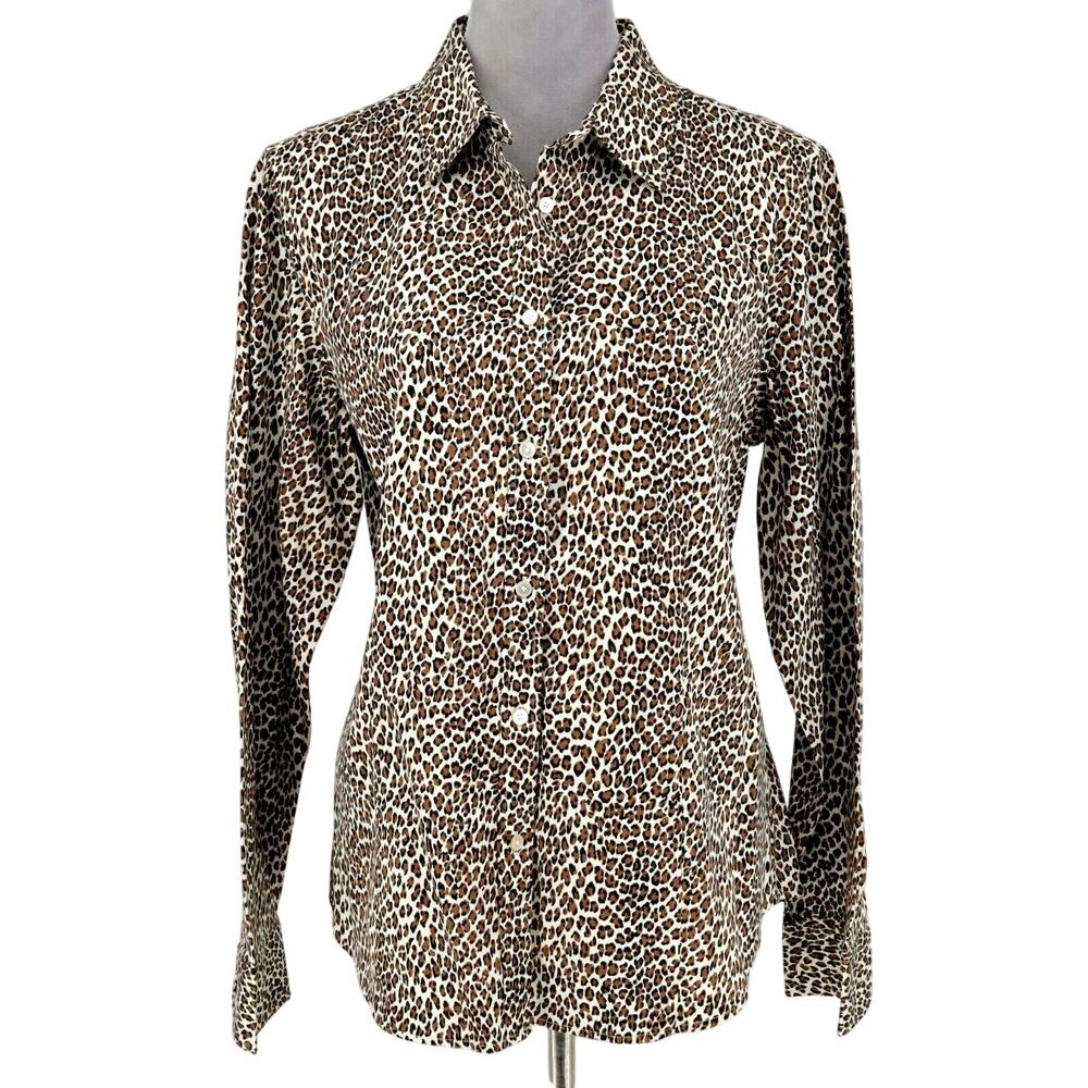 Talbots Top Womens 16 Brown Ivory Cotton Stretch Animal Print Blouse Career